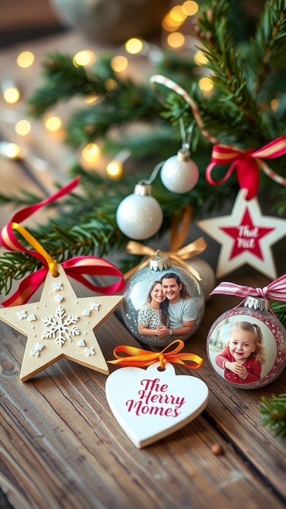 DIY Christmas Ornaments to Make and Sell A variety of DIY Christmas ornaments including painted shapes, glittery decorations, and photo ornaments on a wooden table.